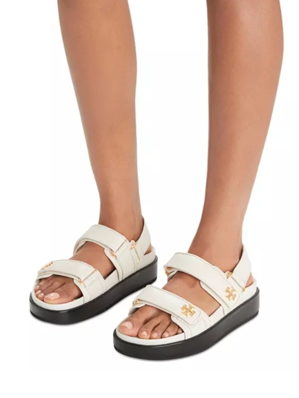 Tory Burch White Leather Kira Platform Sporty Sandals with Gold Logo
